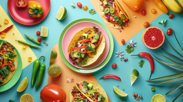 a colorful table with food and a colorful tablecloth with food on it