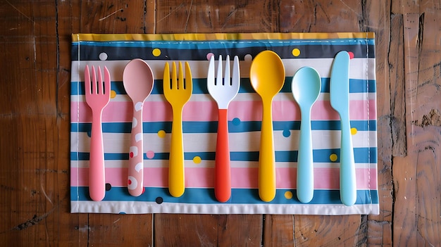 a colorful table with forks spoons and spoons