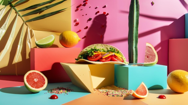 Photo a colorful table with fruits and vegetables and a sandwich on it