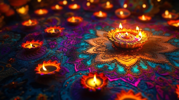 a colorful table with many candles and a flower on it