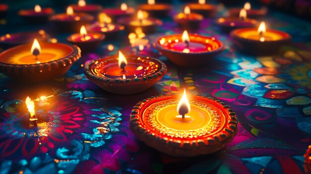 a colorful table with many small candles and a colorful background