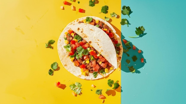 a colorful table with a taco and a tortilla with a bunch of ingredients on it