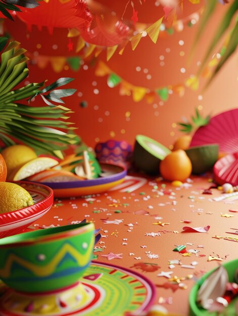 Photo a colorful table with a variety of fruits and a green and red plate