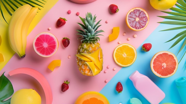 a colorful table with various fruits and a pineapple on it