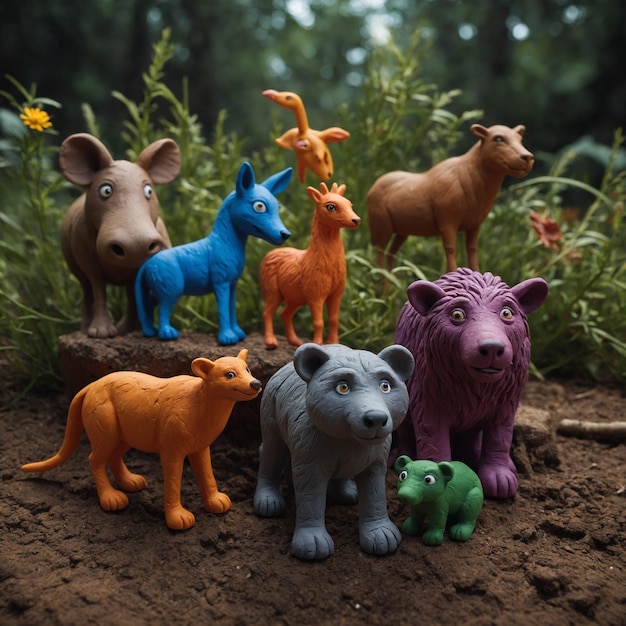 Photo a colorful tableau of plasticine creatures from different habitats celebrating natures diversity in a lively way