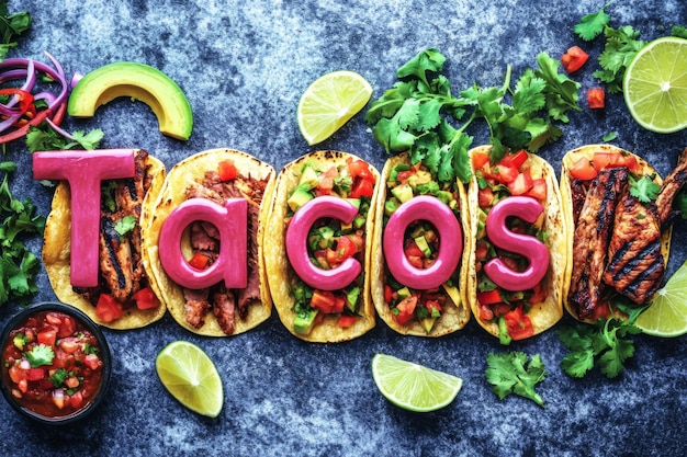 Colorful taco display with toppings