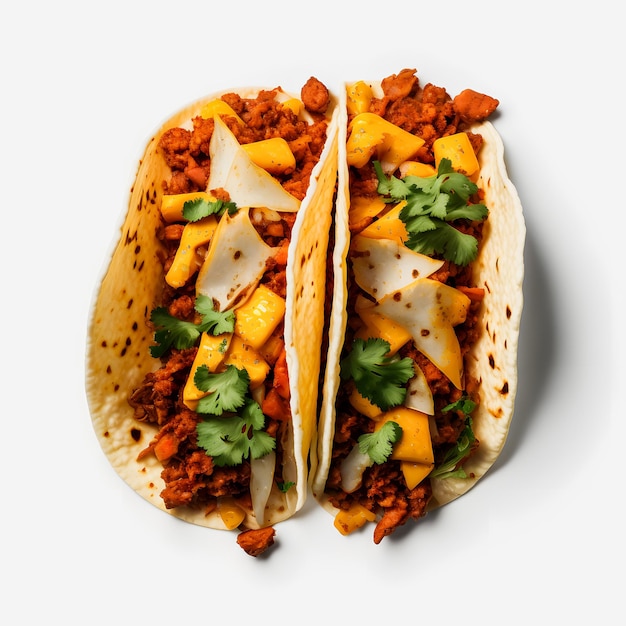 A colorful Tacos al Pastor on white background. Juicy marinated pork, fresh pineapple, and cilantro.