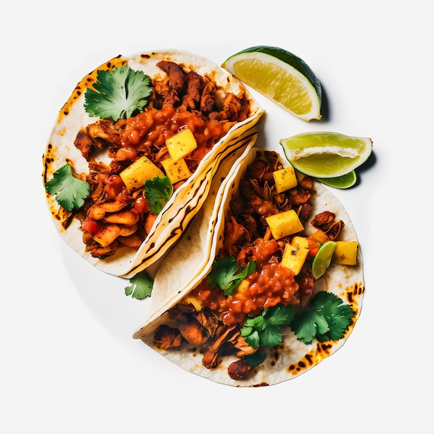 A colorful Tacos al Pastor on white background. Juicy marinated pork, fresh pineapple, and cilantro.