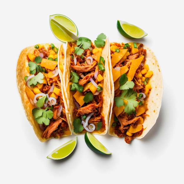 A colorful Tacos al Pastor on white background. Juicy marinated pork, fresh pineapple, and cilantro.