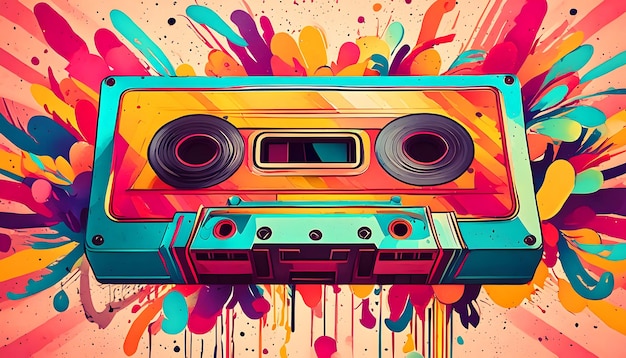 A colorful tape record with a colorful background