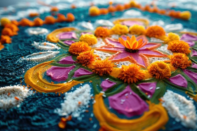 Photo a colorful tapestry of faith marigolds and rangoli adorn the festive ground