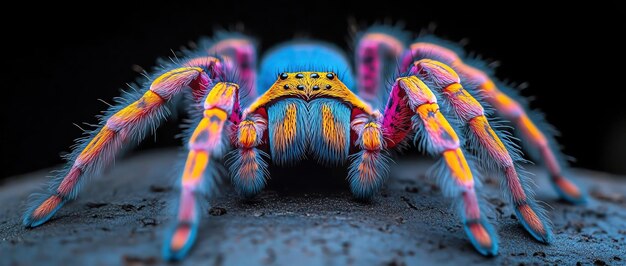 Photo colorful tarantula with vibrant blue and pink fur closeup shot dark background