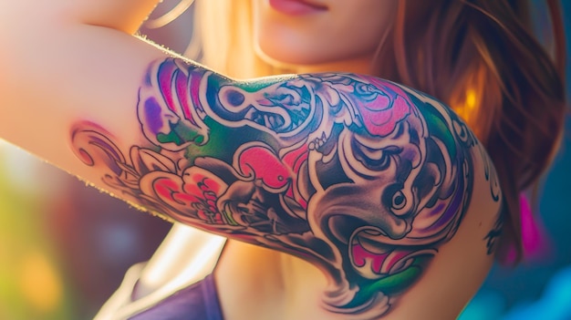 a colorful tattoo of a woman with a colorful design on her arm