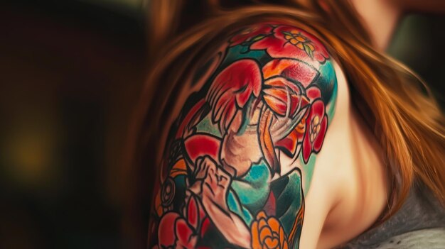 Colorful Tattoo on a Womans Back and Arm