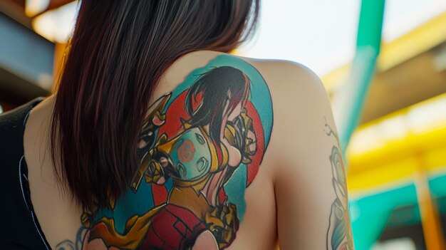 Colorful Tattoo on a Womans Back and Arm