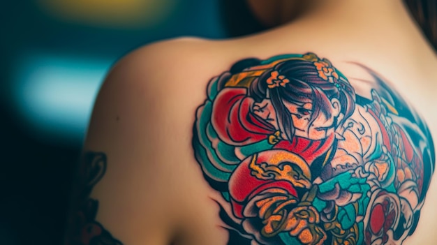 Colorful Tattoo on a Womans Back and Arm