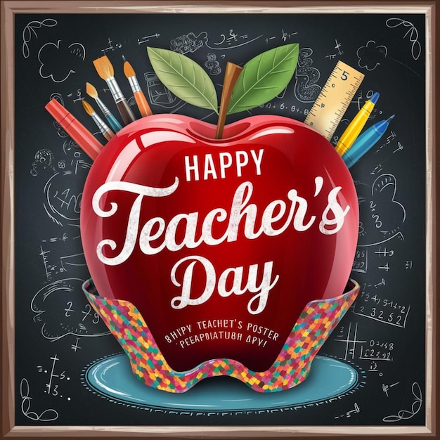 Colorful Teachers Day Poster with Apple and Art Tools 1