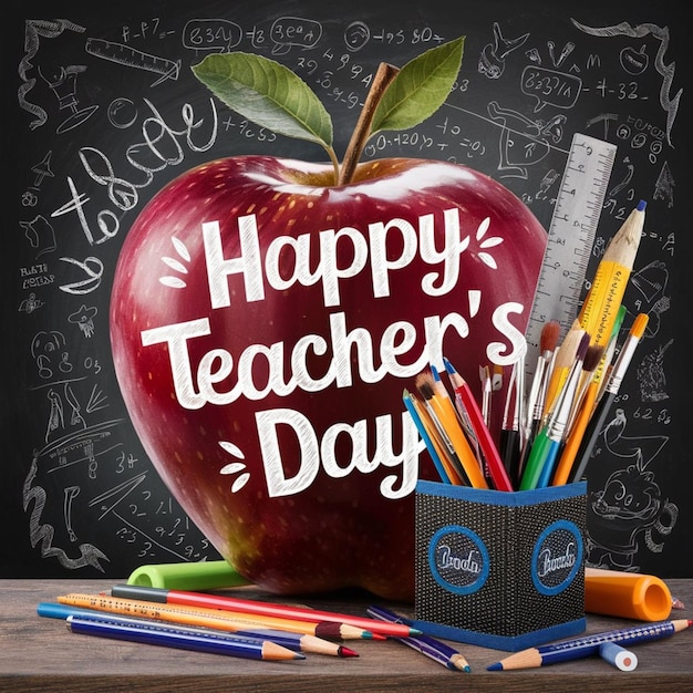 Colorful Teachers Day Poster with Apple and Art Tools 1