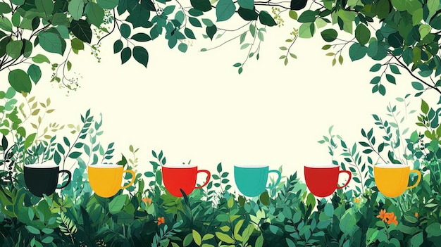 Photo colorful teacups in a lush green frame