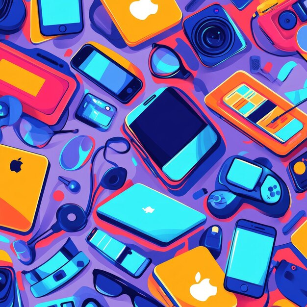 Photo colorful tech gadgets scattered on a purple background featuring a smartphone laptop gaming controller and more