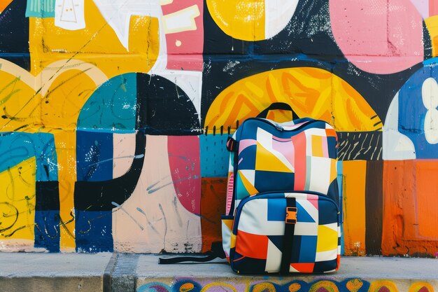 Photo colorful teen school backpack with geometric pattern against vibrant urban mural background