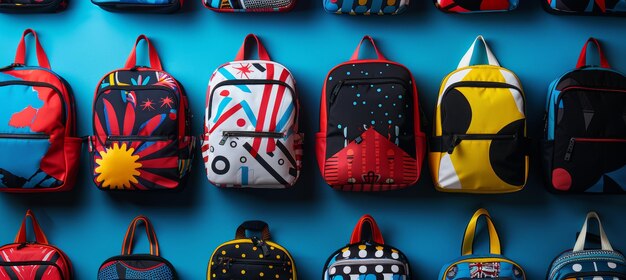 Photo colorful teen school backpacks with dynamic designs and trendy patterns for modern students