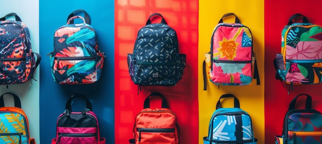 Photo colorful teen school backpacks with dynamic designs and trendy patterns for modern students