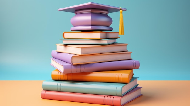 colorful textbooks with a graduation cap on top