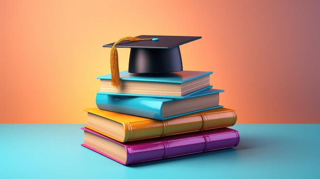 colorful textbooks with a graduation cap on top