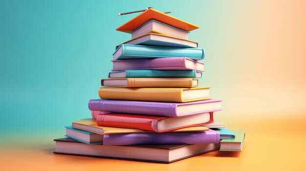 colorful textbooks with a graduation cap on top