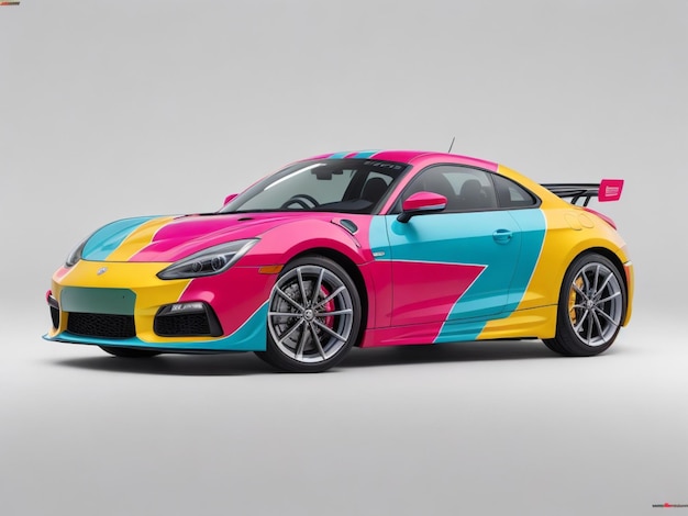 Colorful textless car mockup with copy space on white background