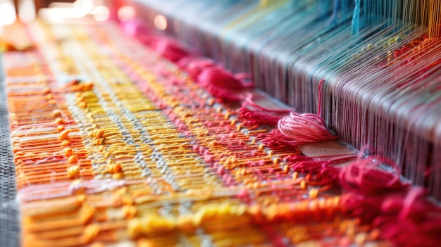 Photo colorful threads woven on a loom