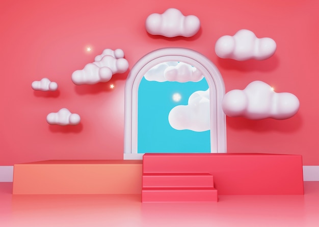 Colorful three-dimensional podium with clouds and sky