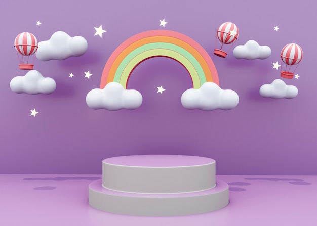 Colorful three-dimensional podium with rainbow and clouds