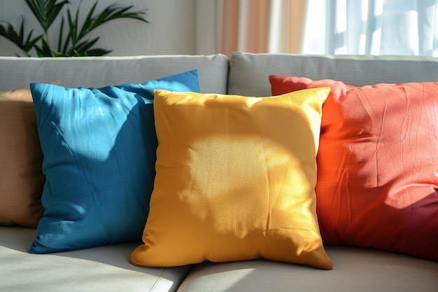 Colorful throw pillows arranged on a lightcolored sofa in a bright living room