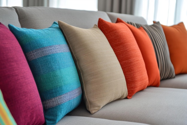 Colorful throw pillows on a modern sofa in a bright living room setting