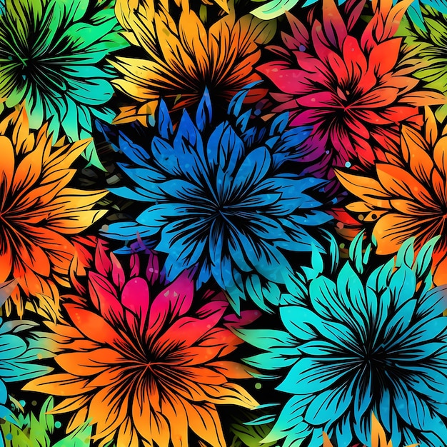 Photo a colorful tie dye background with black flowers on a multicolored background