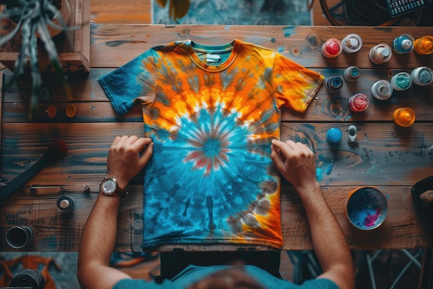 Photo colorful tiedye tshirt on wooden table with creative craft supplies and paints