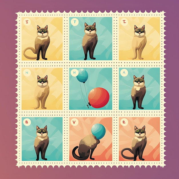 Photo colorful tonkinese cat with circus performer costume balancing on a t animal stamp collection idea