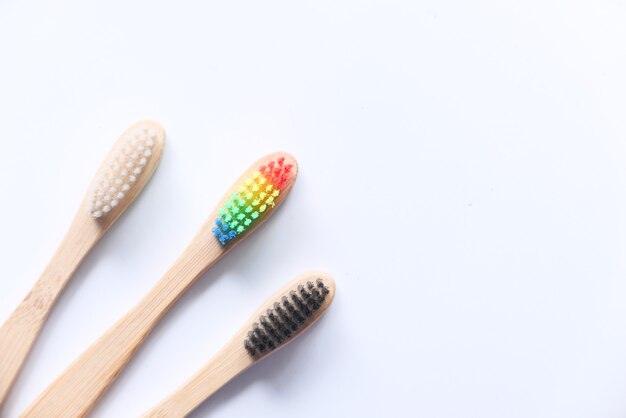 Colorful tooth brush with copyspace, top view