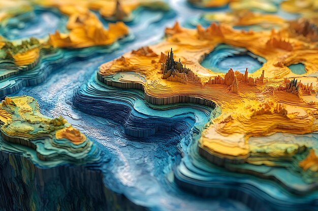 Colorful topographic landscape model showcasing terrain features