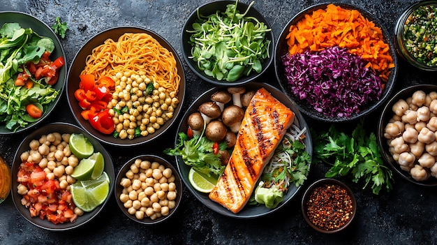 Photo colorful topview spread of healthy dishes