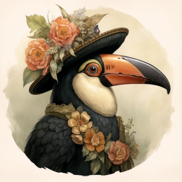 Colorful Toucan Bird Illustration With Beatrix Potter Style