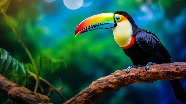 a colorful toucan is sitting on a branch in the jungle