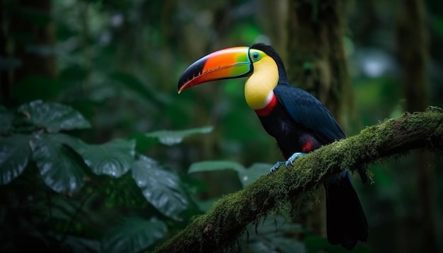 Colorful toucan perching on leaf in rainforest generated by AI