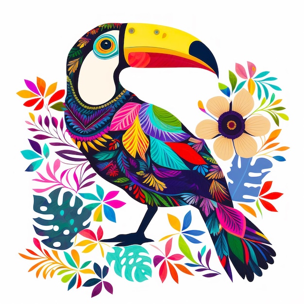 Colorful toucan sitting on branch surrounded by tropical leaves and flowers on white background Generative AI