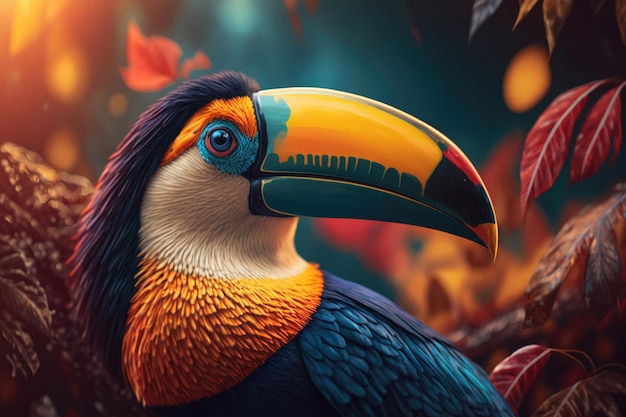 A colorful toucan with a colorful beak sits in a forest.