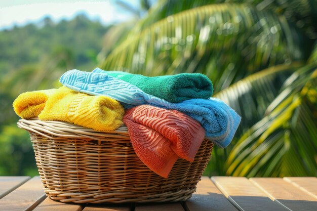 Colorful Towels in Wicker Laundry Basket