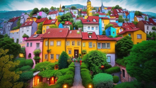 A colorful town with a church in the background