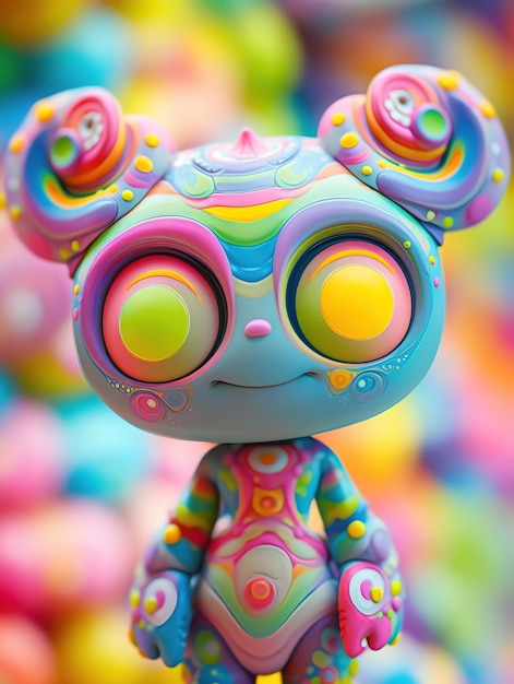 A colorful toy bear with rainbow colors on its head